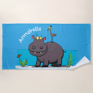 Cute funny hippopotamus with bird cartoon beach towel
