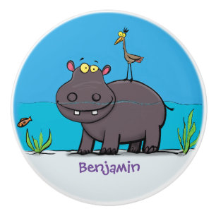 Cute funny hippopotamus with bird cartoon ceramic knob