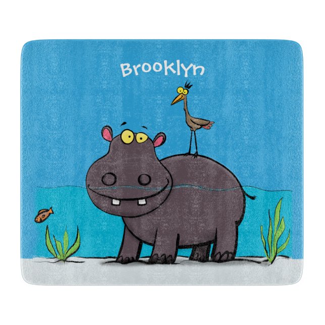 Cute funny hippopotamus with bird cartoon cutting board (Front)