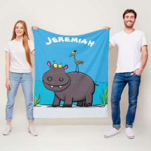 Cute funny hippopotamus with bird cartoon fleece blanket