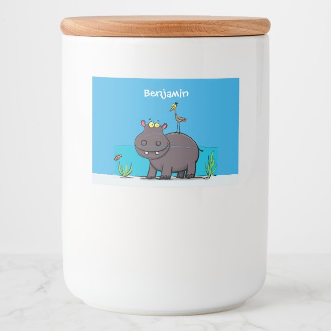 Cute funny hippopotamus with bird cartoon food label (Front)
