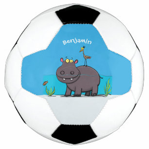 Cute funny hippopotamus with bird cartoon football