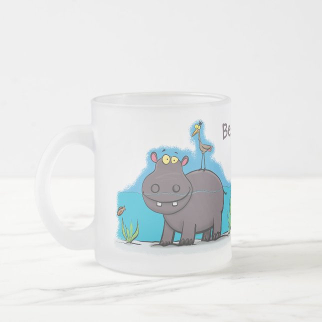 Cute funny hippopotamus with bird cartoon frosted glass coffee mug (Left)