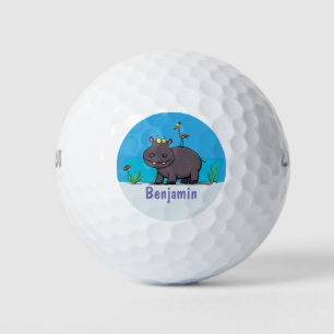 Cute funny hippopotamus with bird cartoon golf balls