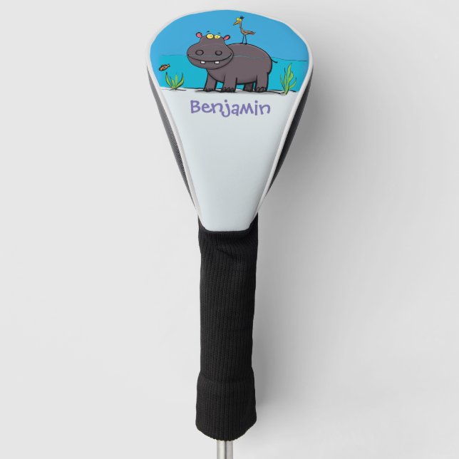 Cute funny hippopotamus with bird cartoon golf head cover (Front)