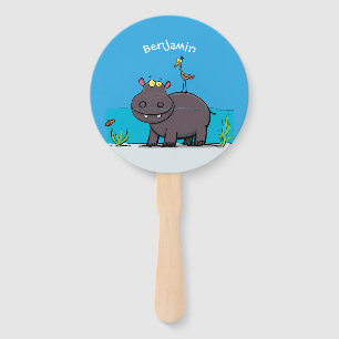 Cute funny hippopotamus with bird cartoon  hand fan