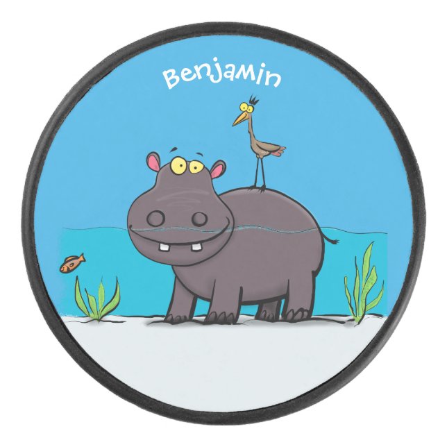 Cute funny hippopotamus with bird cartoon hockey puck (Front)