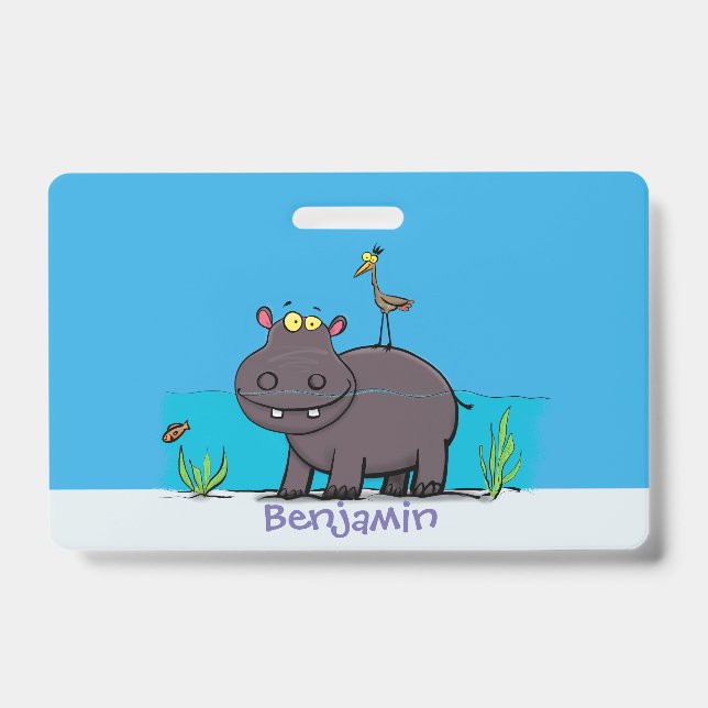 Cute funny hippopotamus with bird cartoon ID badge (Front)