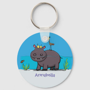 Cute funny hippopotamus with bird cartoon key ring