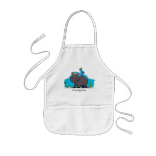 Cute funny hippopotamus with bird cartoon kids apron