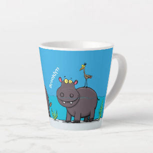 Cute funny hippopotamus with bird cartoon  latte mug