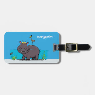 Cute funny hippopotamus with bird cartoon luggage tag