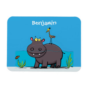 Cute funny hippopotamus with bird cartoon magnet