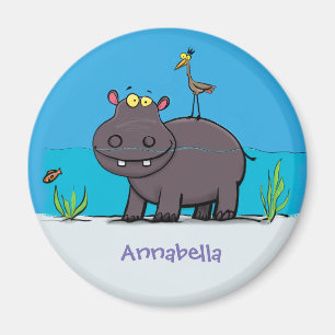 Cute funny hippopotamus with bird cartoon magnet
