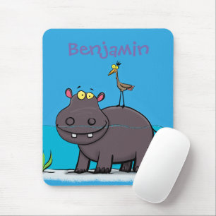 Cute funny hippopotamus with bird cartoon mouse mat
