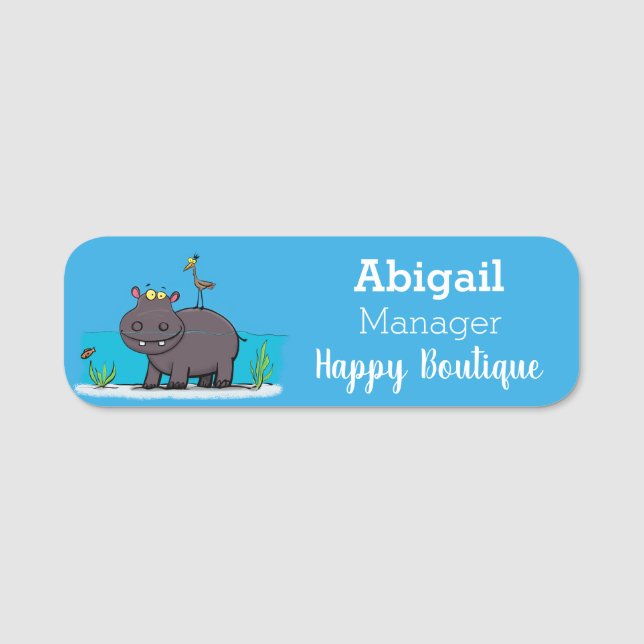 Cute funny hippopotamus with bird cartoon name tag (Front)