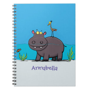 Cute funny hippopotamus with bird cartoon notebook