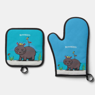 Cute funny hippopotamus with bird cartoon oven mitt & pot holder set