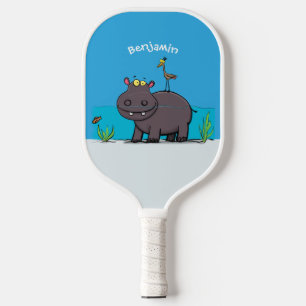 Cute funny hippopotamus with bird cartoon  pickleball paddle
