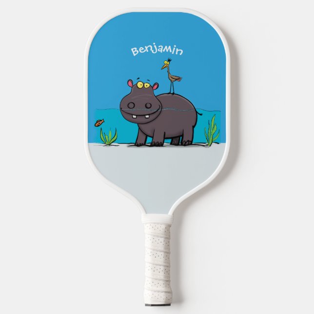 Cute funny hippopotamus with bird cartoon  pickleball paddle (Front)