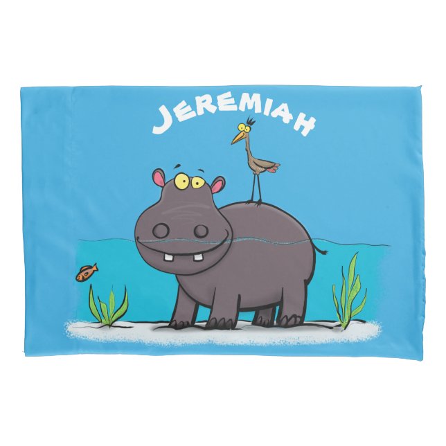 Cute funny hippopotamus with bird cartoon pillowcase (Front)
