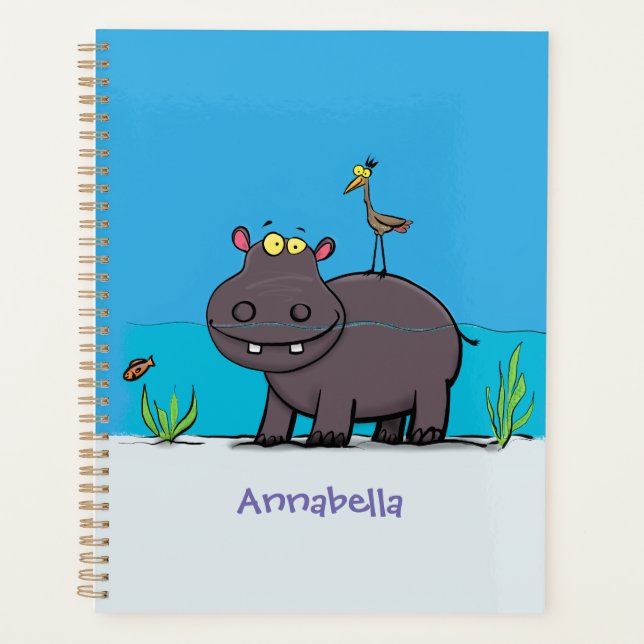 Cute funny hippopotamus with bird cartoon planner (Front)