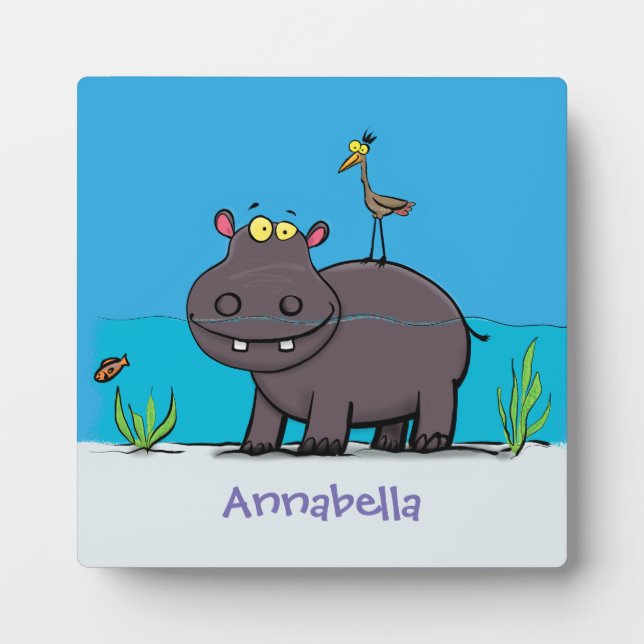 Cute funny hippopotamus with bird cartoon plaque (Front)