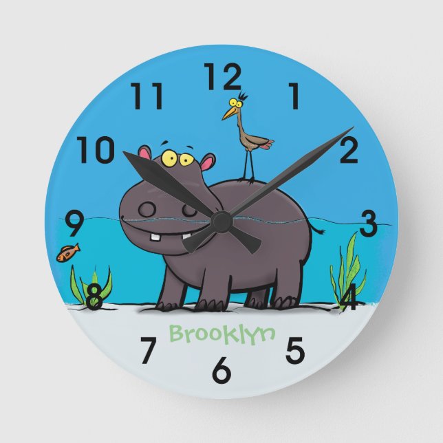 Cute funny hippopotamus with bird cartoon round cl clock (Front)