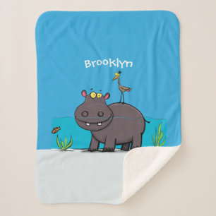 Cute funny hippopotamus with bird cartoon sherpa blanket
