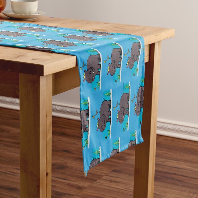 Cute funny hippopotamus with bird cartoon short table runner (In Situ)