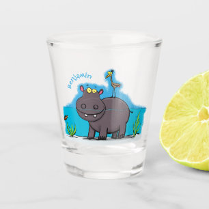 Cute funny hippopotamus with bird cartoon shot glass