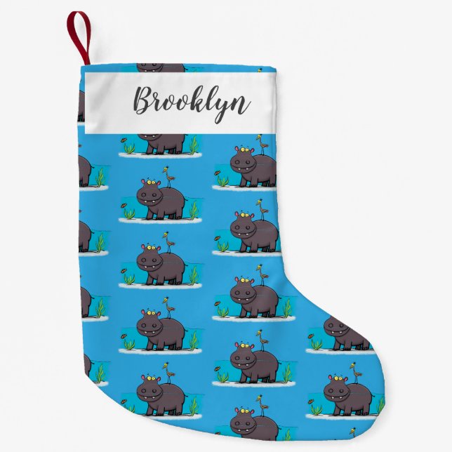 Cute funny hippopotamus with bird cartoon small christmas stocking (Front)