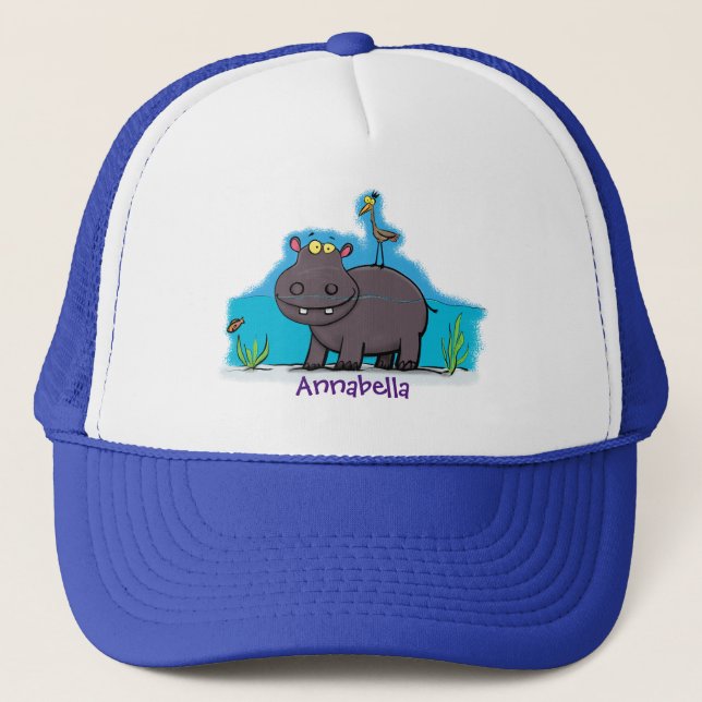 Cute funny hippopotamus with bird cartoon trucker hat (Front)