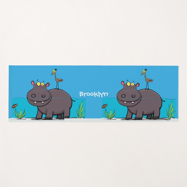 Cute funny hippopotamus with bird cartoon yoga mat (Front (Horizontal))