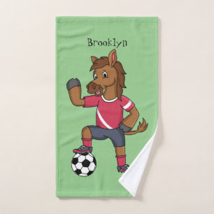 Cute funny horse playing soccer cartoon bath towel set