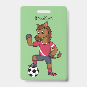 Cute funny horse playing soccer cartoon ID badge