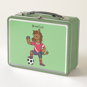 Cute funny horse playing soccer cartoon metal lunch box