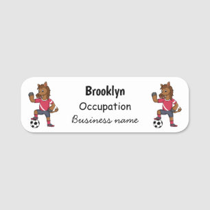 Cute funny horse playing soccer cartoon name tag