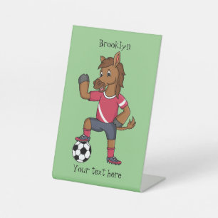 Cute funny horse playing soccer cartoon pedestal sign