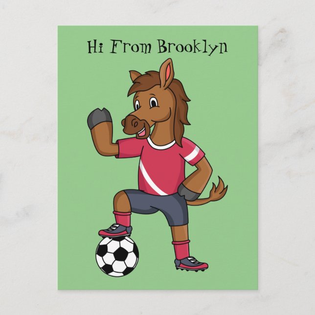Cute funny horse playing soccer cartoon postcard (Front)