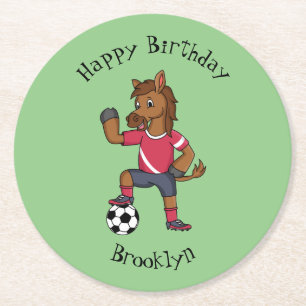 Cute funny horse playing soccer cartoon round paper coaster