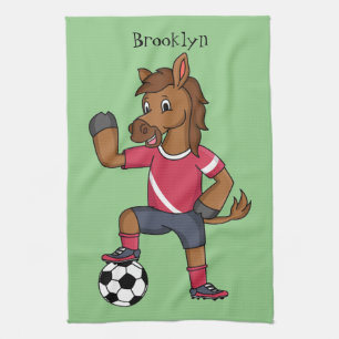 Cute funny horse playing soccer cartoon tea towel