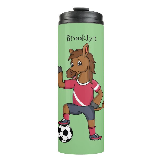 Cute funny horse playing soccer cartoon thermal tumbler (Front)