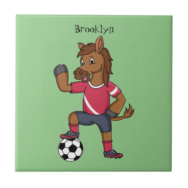Cute funny horse playing soccer cartoon  tile (Front)