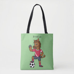 Cute funny horse playing soccer cartoon tote bag