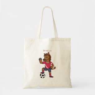 Cute funny horse playing soccer cartoon tote bag
