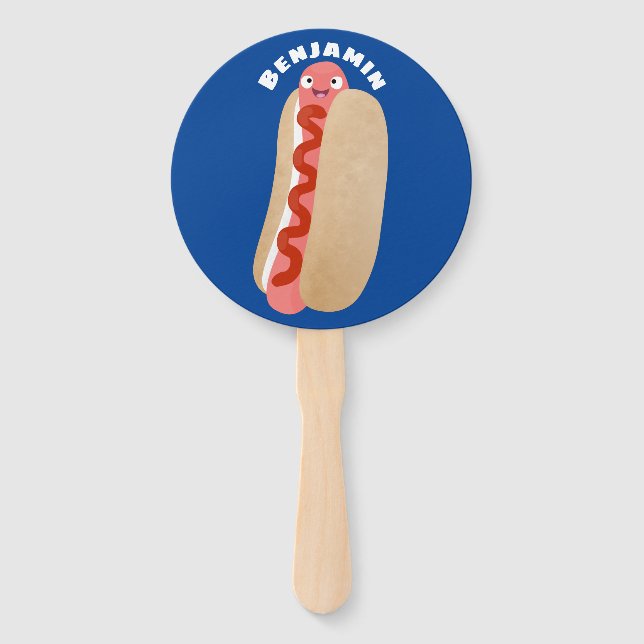Cute funny hot dog Weiner cartoon  Hand Fan (Front)