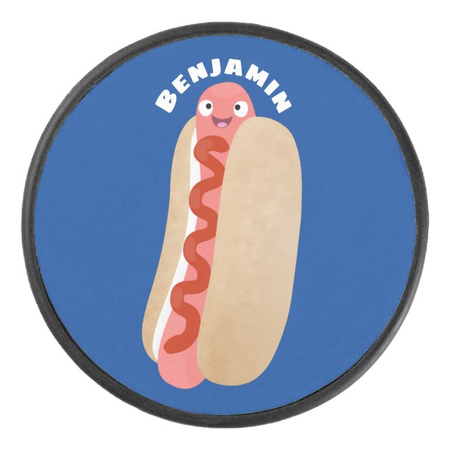 Cute funny hot dog Weiner cartoon Hockey Puck (Front)