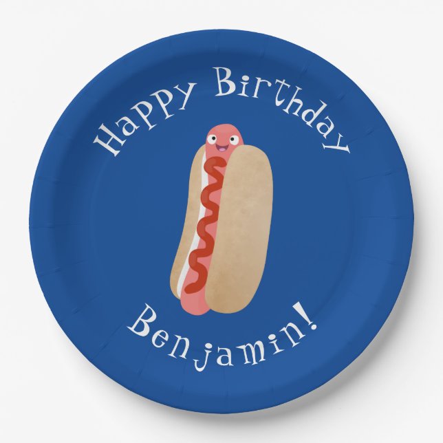 Cute funny hot dog Weiner cartoon Paper Plate (Front)