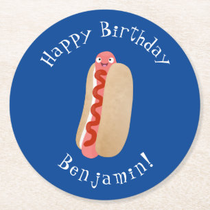 Cute funny hot dog Weiner cartoon Round Paper Coaster